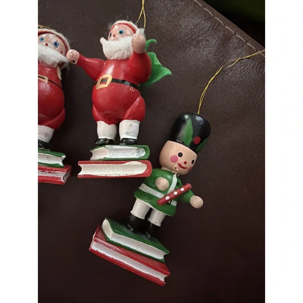 4 Vintage Santa & Snowman Wooden Ornaments Standing On Books Wood Christmas